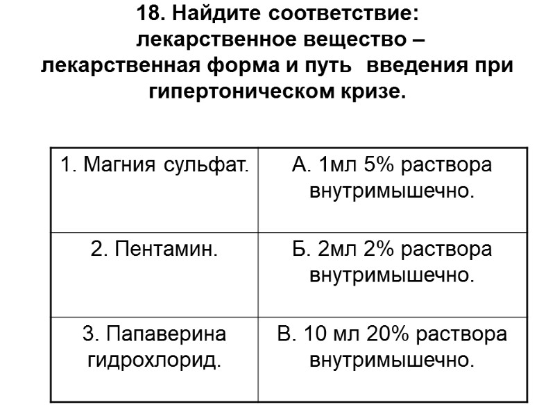 18. Найдите соответствие:  лекарственное вещество – лекарственная форма и путь  введения при